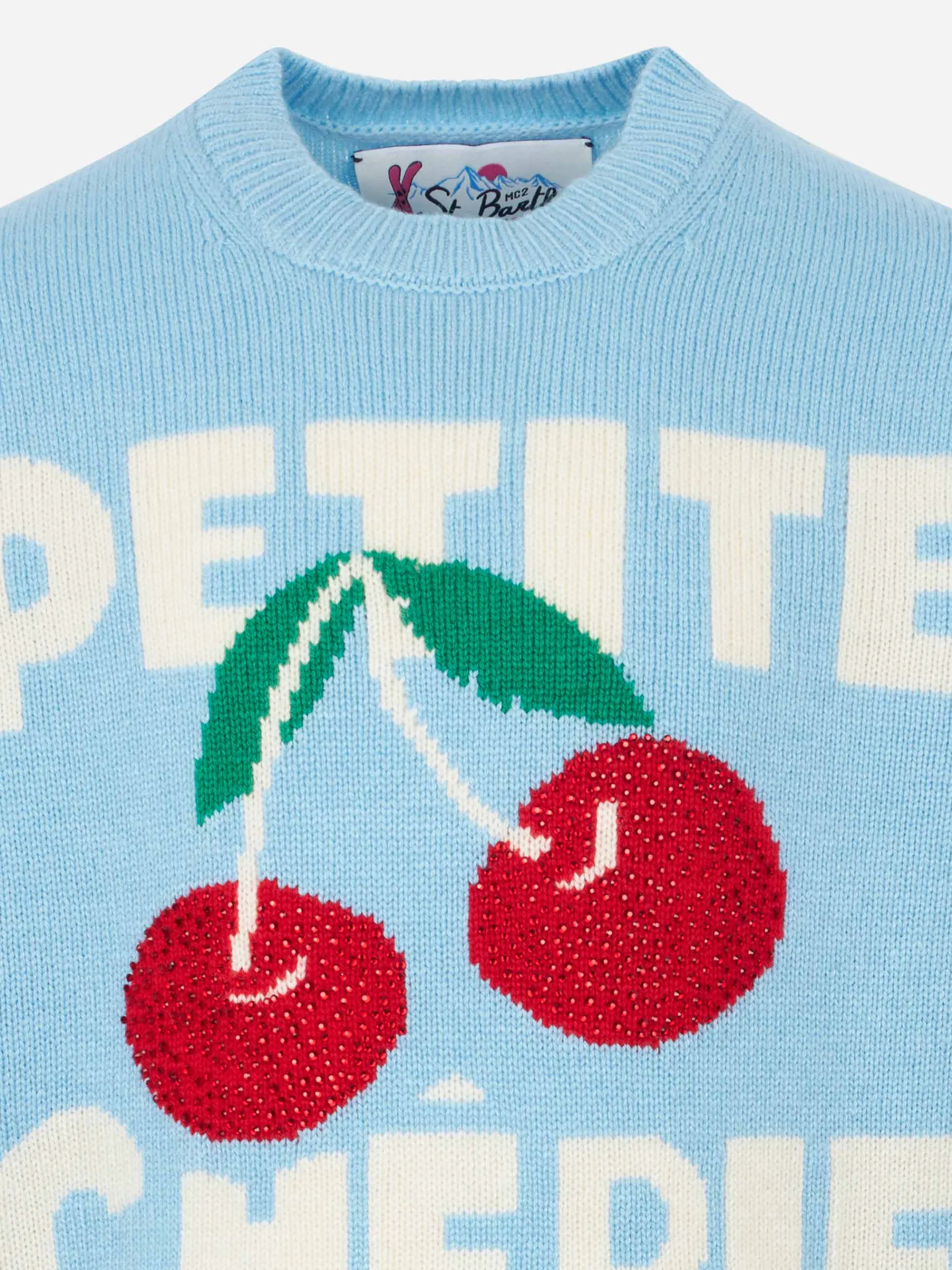 Maglione da bambina a girocollo con stampa ciliegie strass