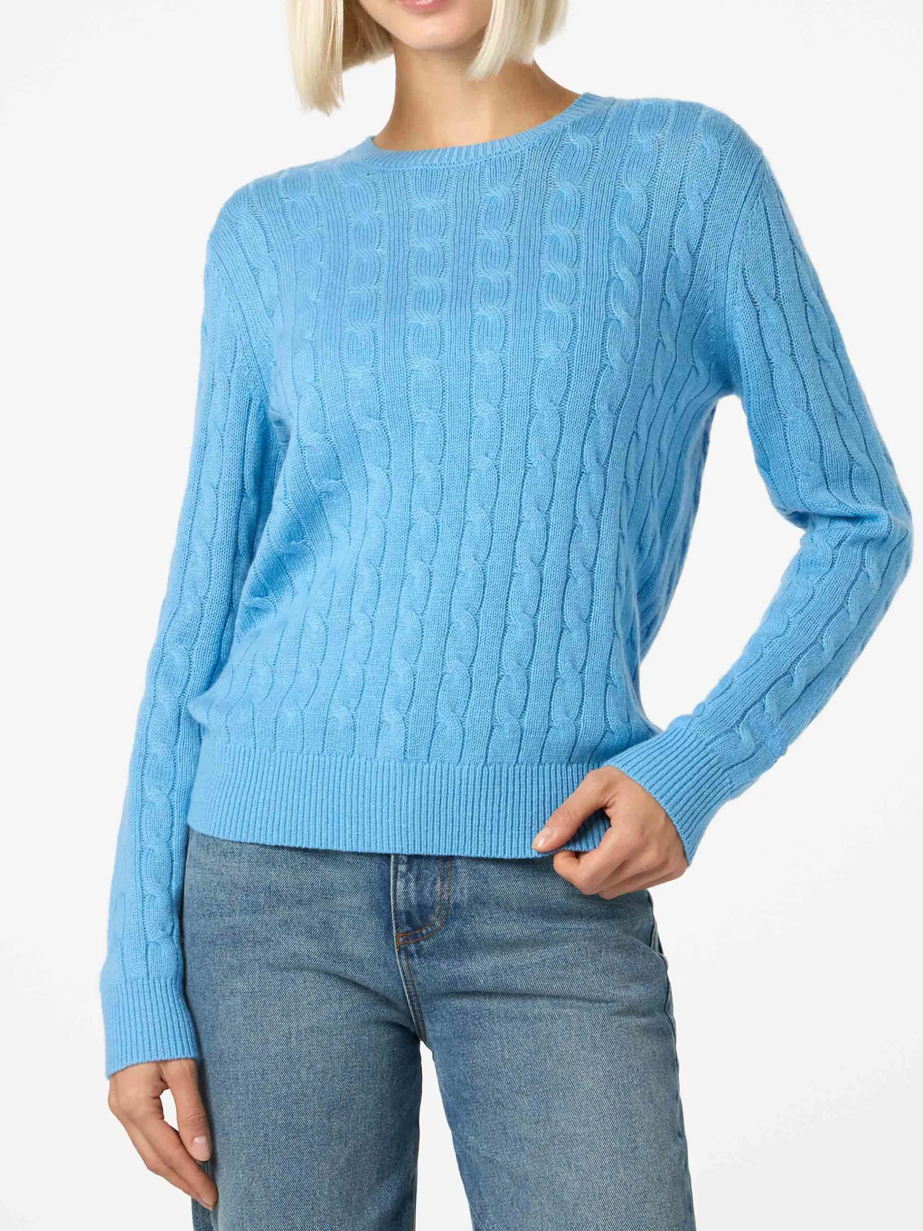 Maglione da donna in misto cashmere lavorato a maglia a trecce blu polvere Sorbonne