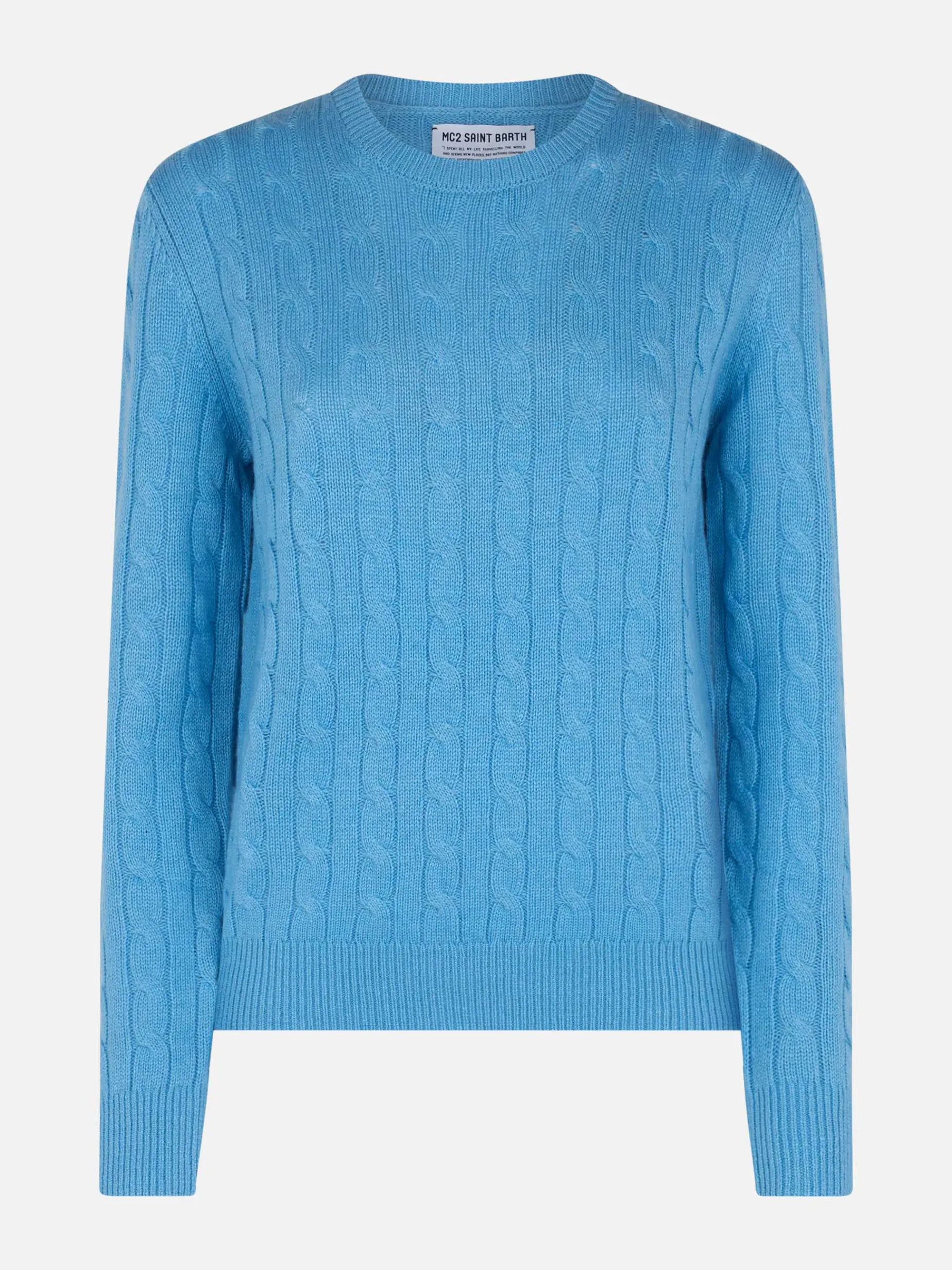 Maglione da donna in misto cashmere lavorato a maglia a trecce blu polvere Sorbonne