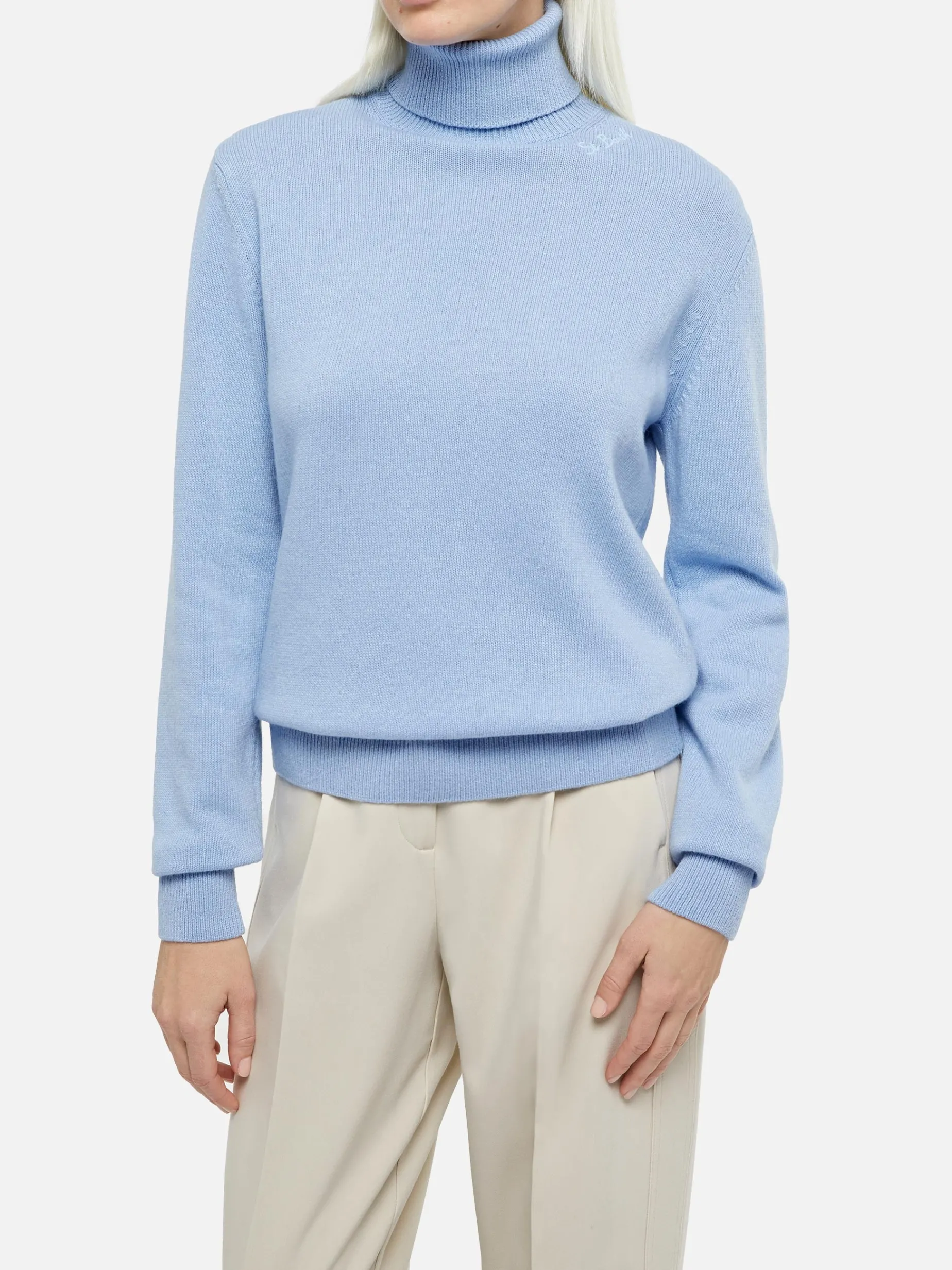 Maglione da donna Moody azzurro a costine sottili