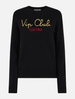 Maglione da donna nero New Queen con ricamo Vip club Cortina | VIP CLUB CORTINA SPECIAL EDITION