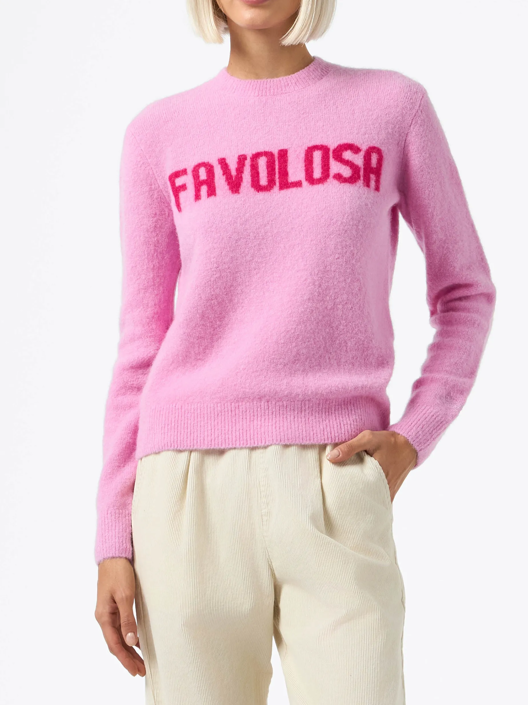 Maglione da donna rosa New Queen con stampa Favolosa