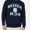 Maglione da uomo blu Heron con stampa Let the Weekend be gin