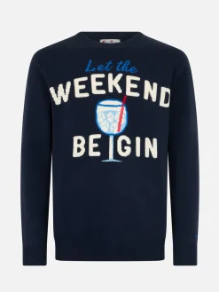Maglione da uomo blu Heron con stampa Let the Weekend be gin