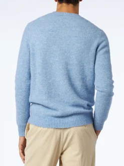 Maglione da uomo in lana stretch di colore azzurro con ricamo St. Barth
