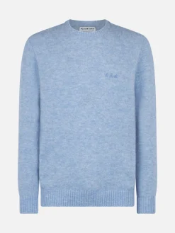 Maglione da uomo in lana stretch di colore azzurro con ricamo St. Barth
