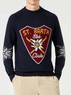 Maglione da uomo mezzo collo blu navy con stampa