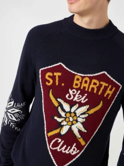 Maglione da uomo mezzo collo blu navy con stampa