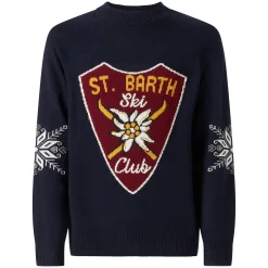 Maglione da uomo mezzo collo blu navy con stampa