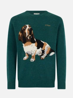 Maglione da uomo verde Airone con stampa basset hound