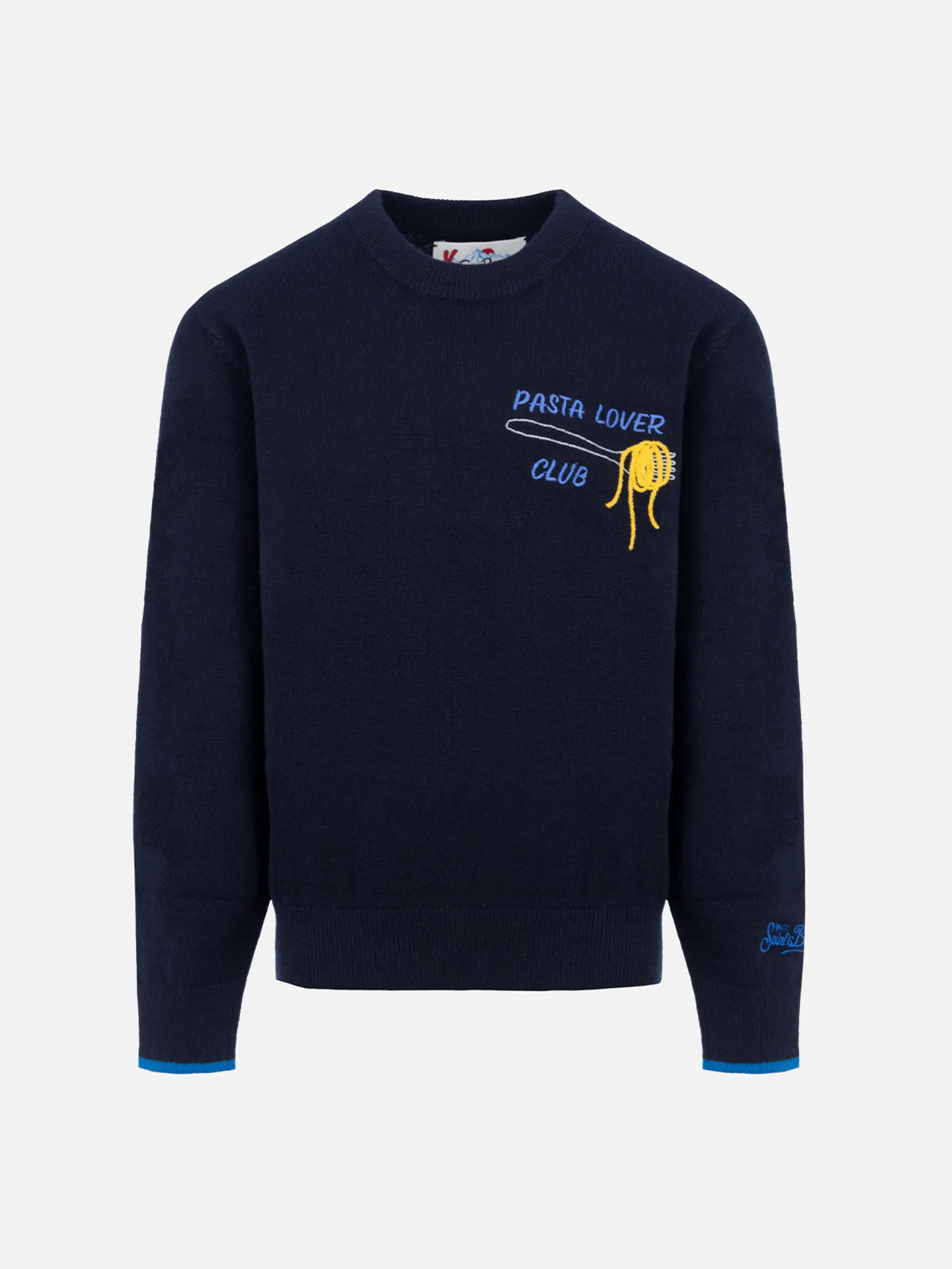 Maglione girocollo blu da bambino Douglas Light con ricamo Pasta lover