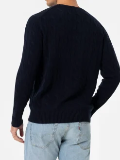 Maglione girocollo blu navy in misto cashmere da uomo Regent