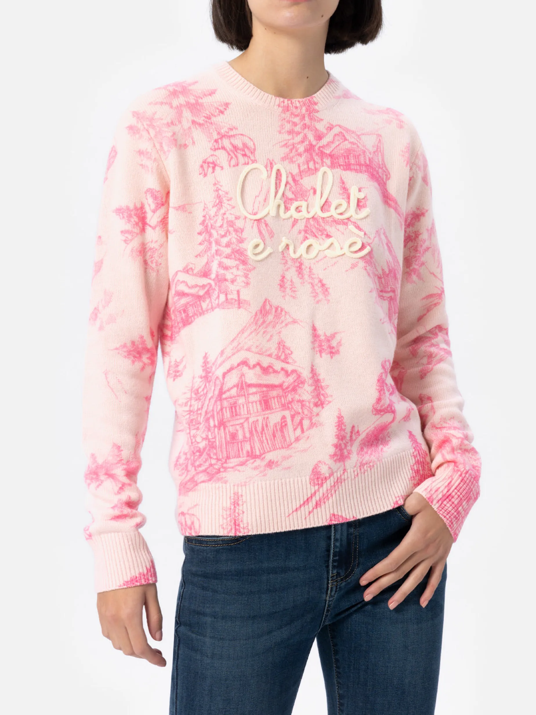 Maglione rosa da donna New Queen con stampa toile de jouy e ricamo Chalet e Rosè
