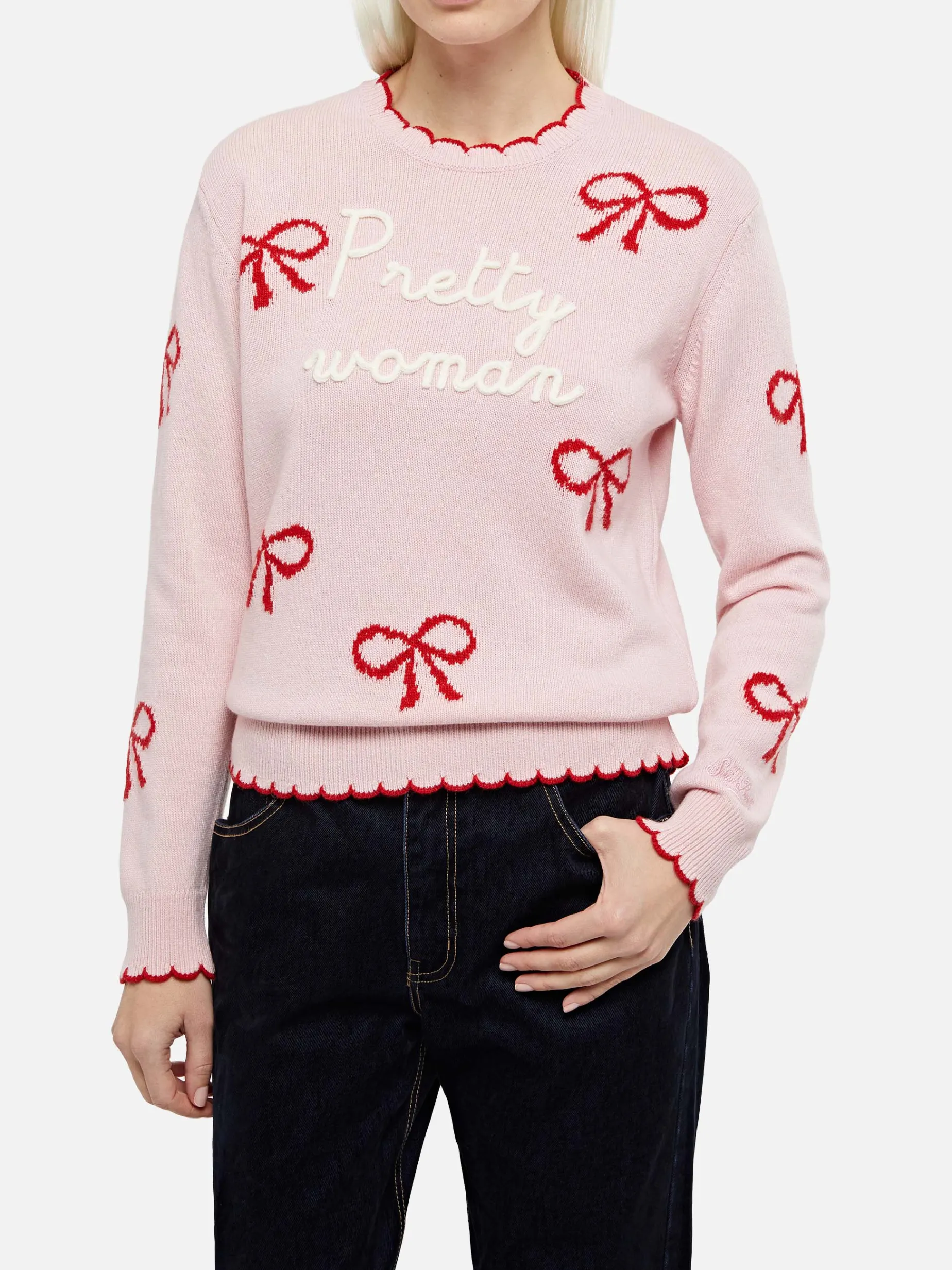 Maglione rosa da donna New Queen con ricamo Pretty Woman e stampa nastri