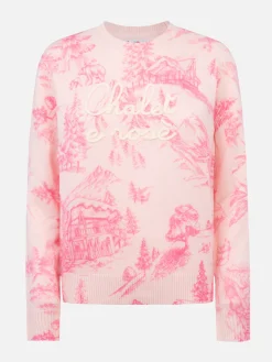 Maglione rosa da donna New Queen con stampa toile de jouy e ricamo Chalet e Rosè