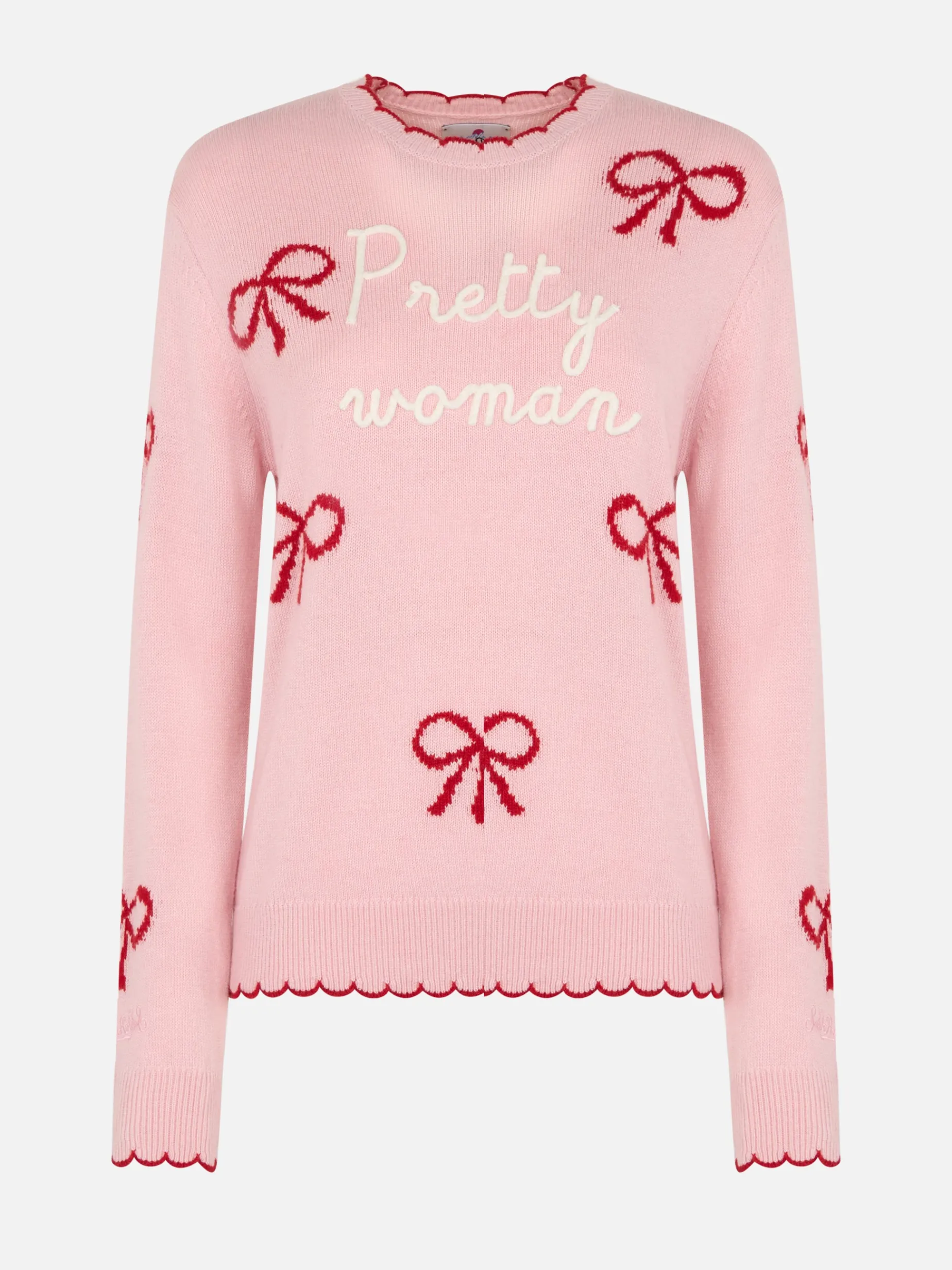 Maglione rosa da donna New Queen con ricamo Pretty Woman e stampa nastri