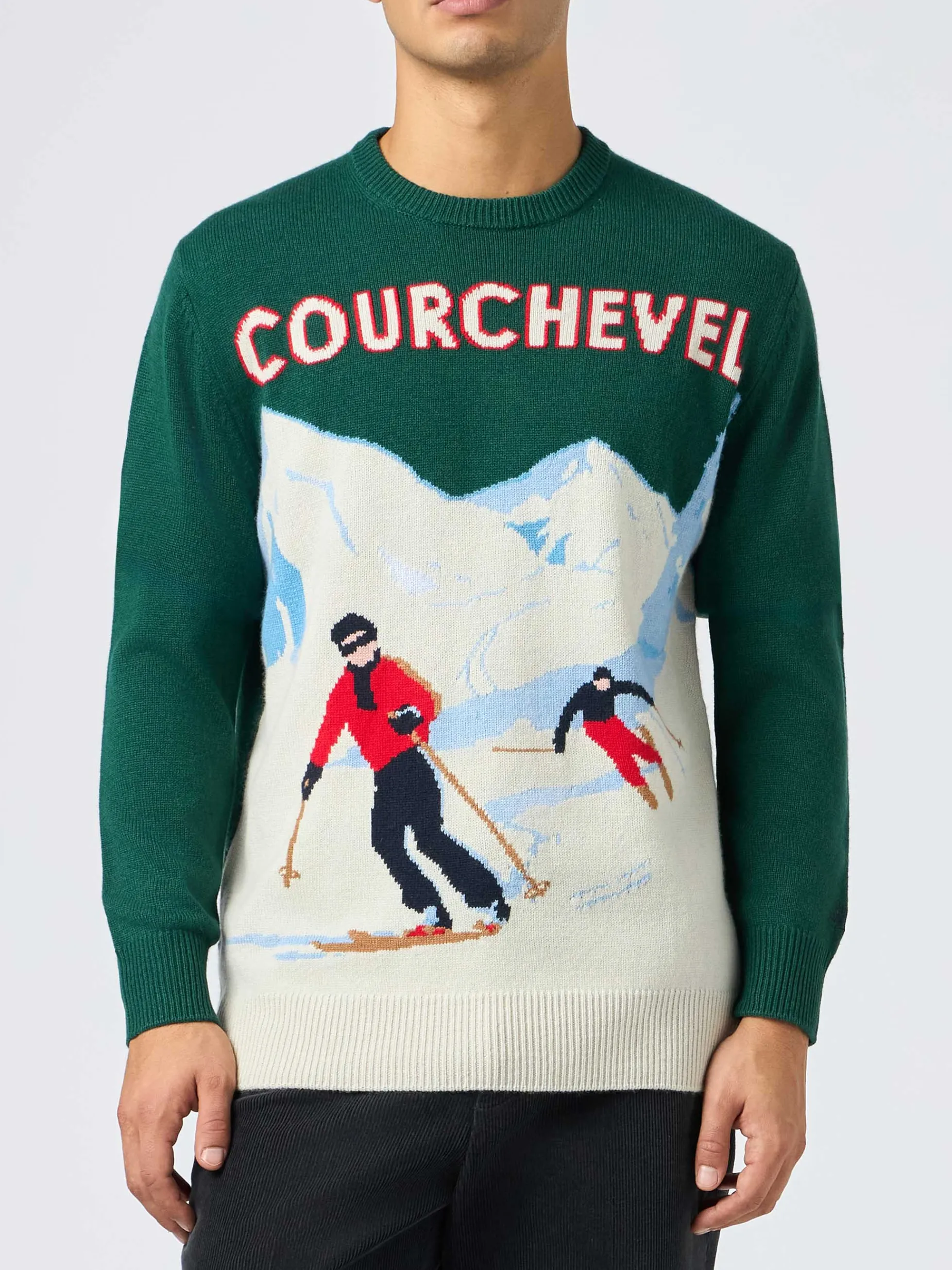 Maglione verde da uomo Heron con stampa cartolina sciatori Courchevel