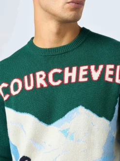 Maglione verde da uomo Heron con stampa cartolina sciatori Courchevel