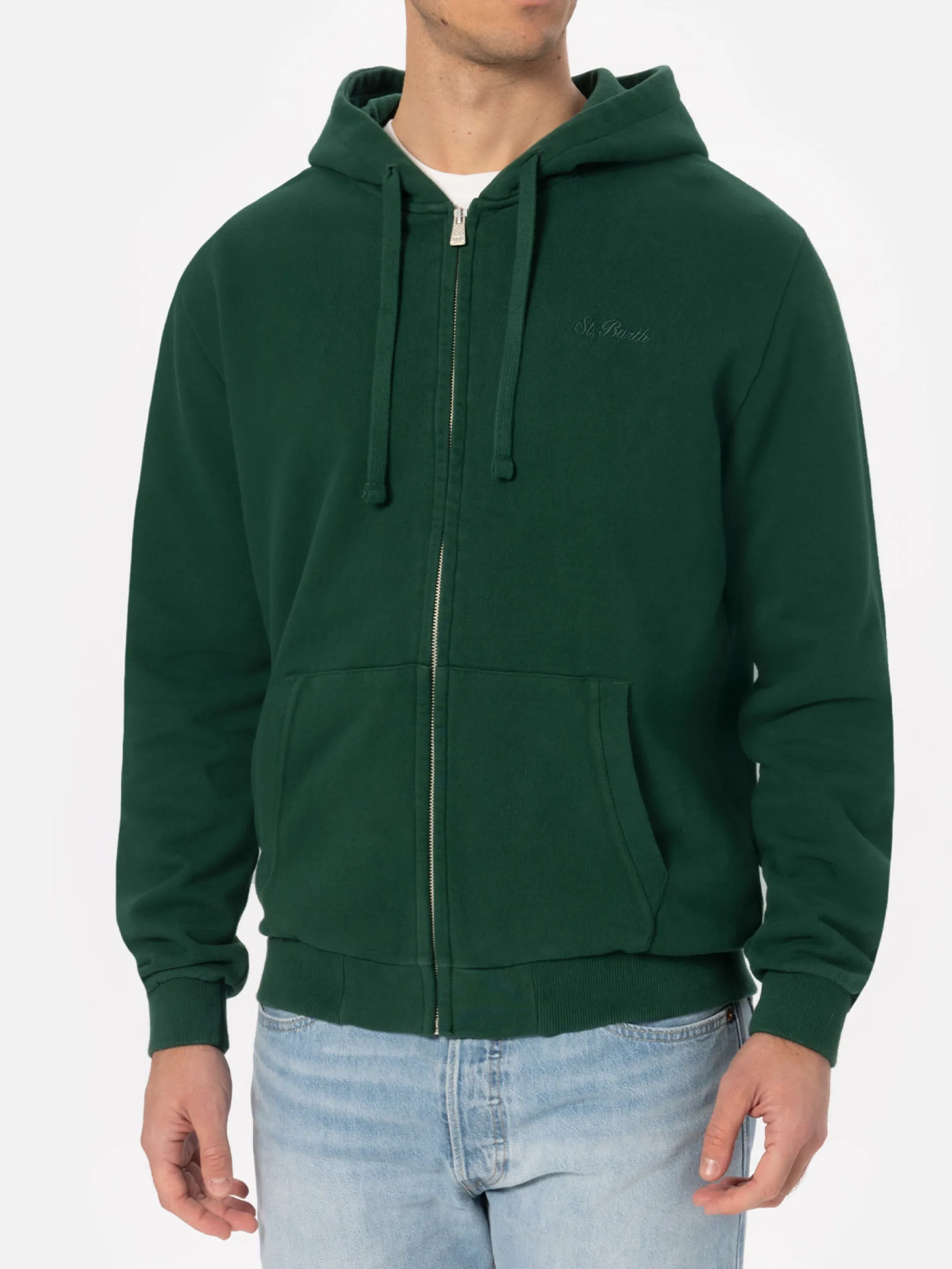 Man British green zipped and hooded sweatshirt with St. Barth embroidery