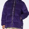 Piumino da donna imbottito in velluto a coste viola con cappuccio