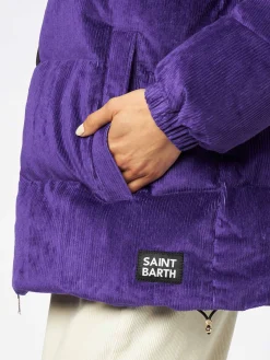 Piumino da donna imbottito in velluto a coste viola con cappuccio