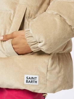 Piumino da donna imbottito in velluto a coste beige con cappuccio