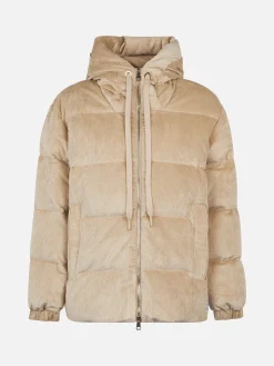 Piumino da donna imbottito in velluto a coste beige con cappuccio