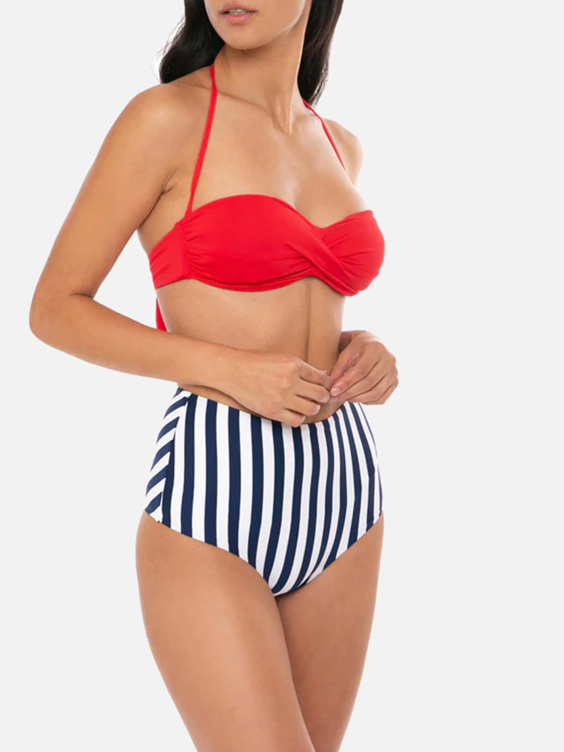 Slip da bagno alti vintage Bikini con stampa a righe blu