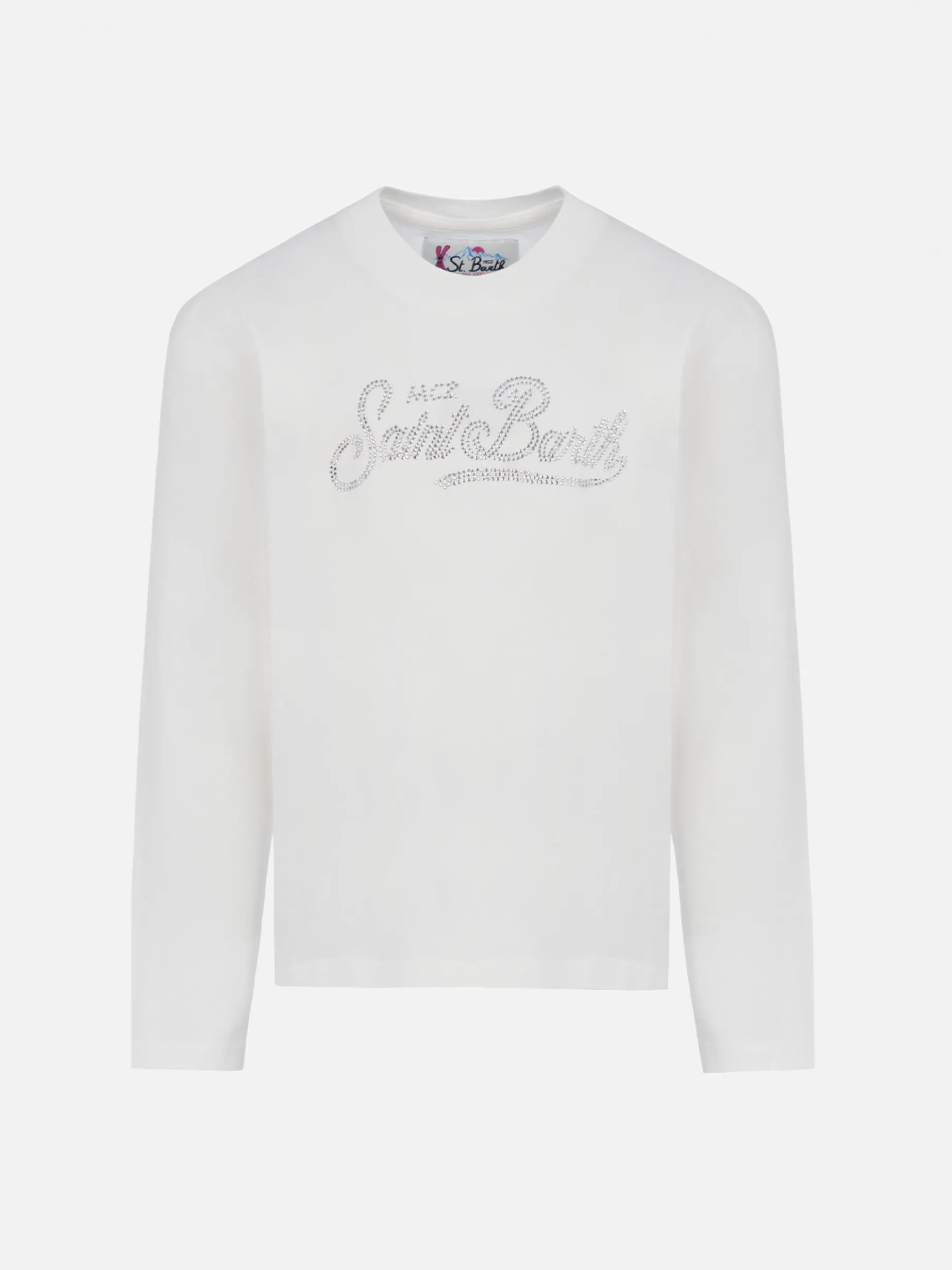 T-shirt bianca a maniche lunghe da bambina Penny con logo Saint Barth in strass