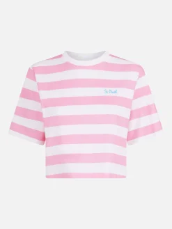 T-shirt corta a righe rosa e bianche da donna