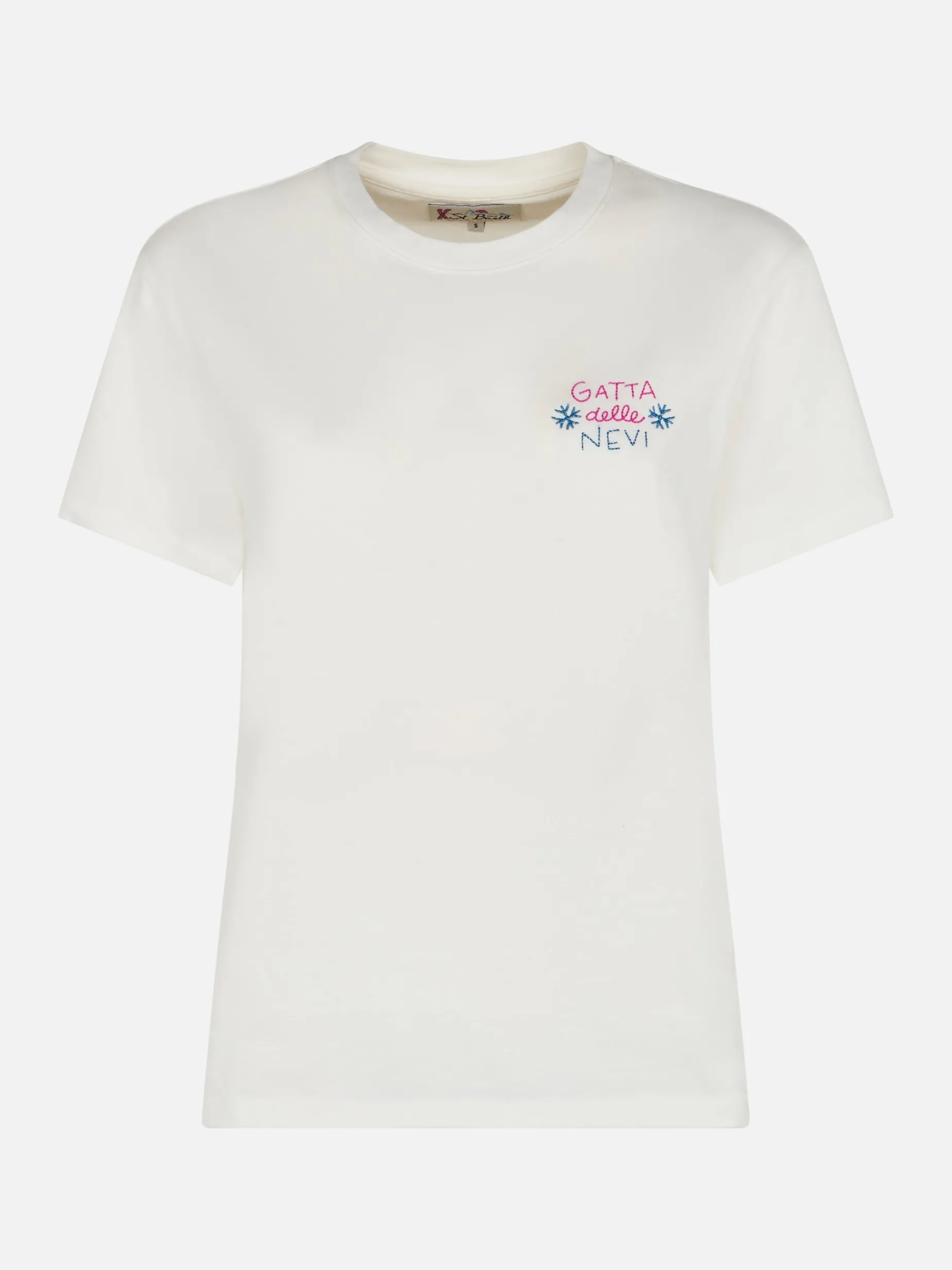 T-shirt da donna Emilie bianca in cotone pesante con ricamo Gatta delle nevi | INSULTI LUMINOSI SPECIAL EDITION