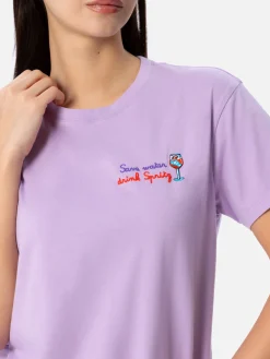 T-shirt da donna girocollo Emilie in jersey di cotone con ricamo Save water drink Spritz