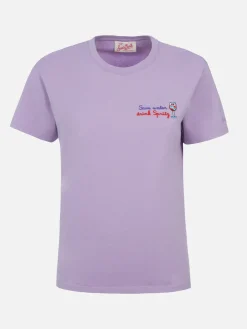 T-shirt da donna girocollo Emilie in jersey di cotone con ricamo Save water drink Spritz