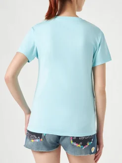 T-shirt da donna in cotone con scritta ricamata yoga addicted
