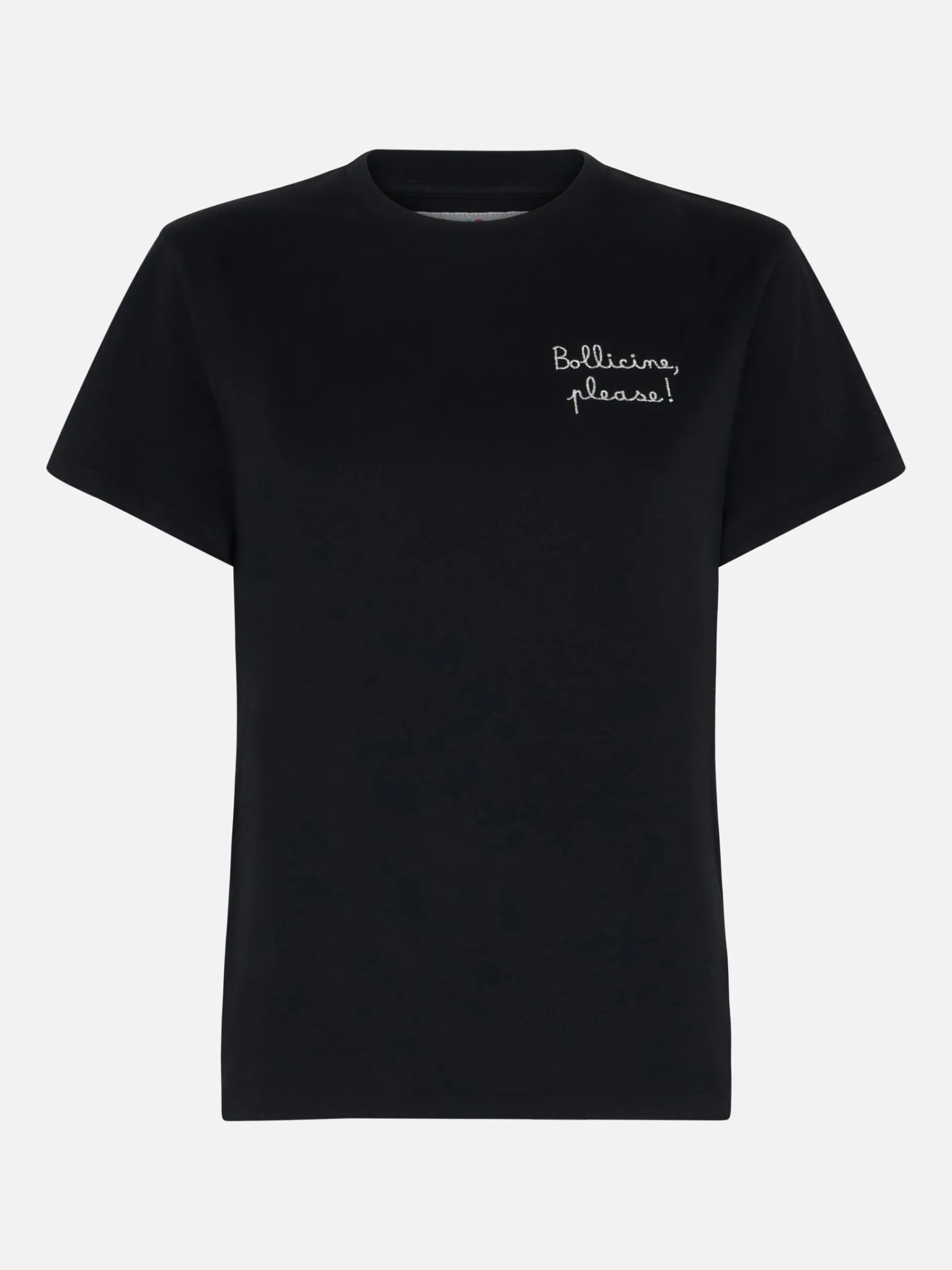 T-shirt da donna in cotone nera pesante Emilie con ricamo Bollicine please