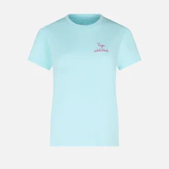 T-shirt da donna in cotone con scritta ricamata yoga addicted