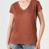 T-shirt da donna in lino marrone