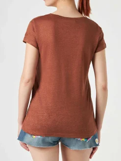 T-shirt da donna in lino marrone