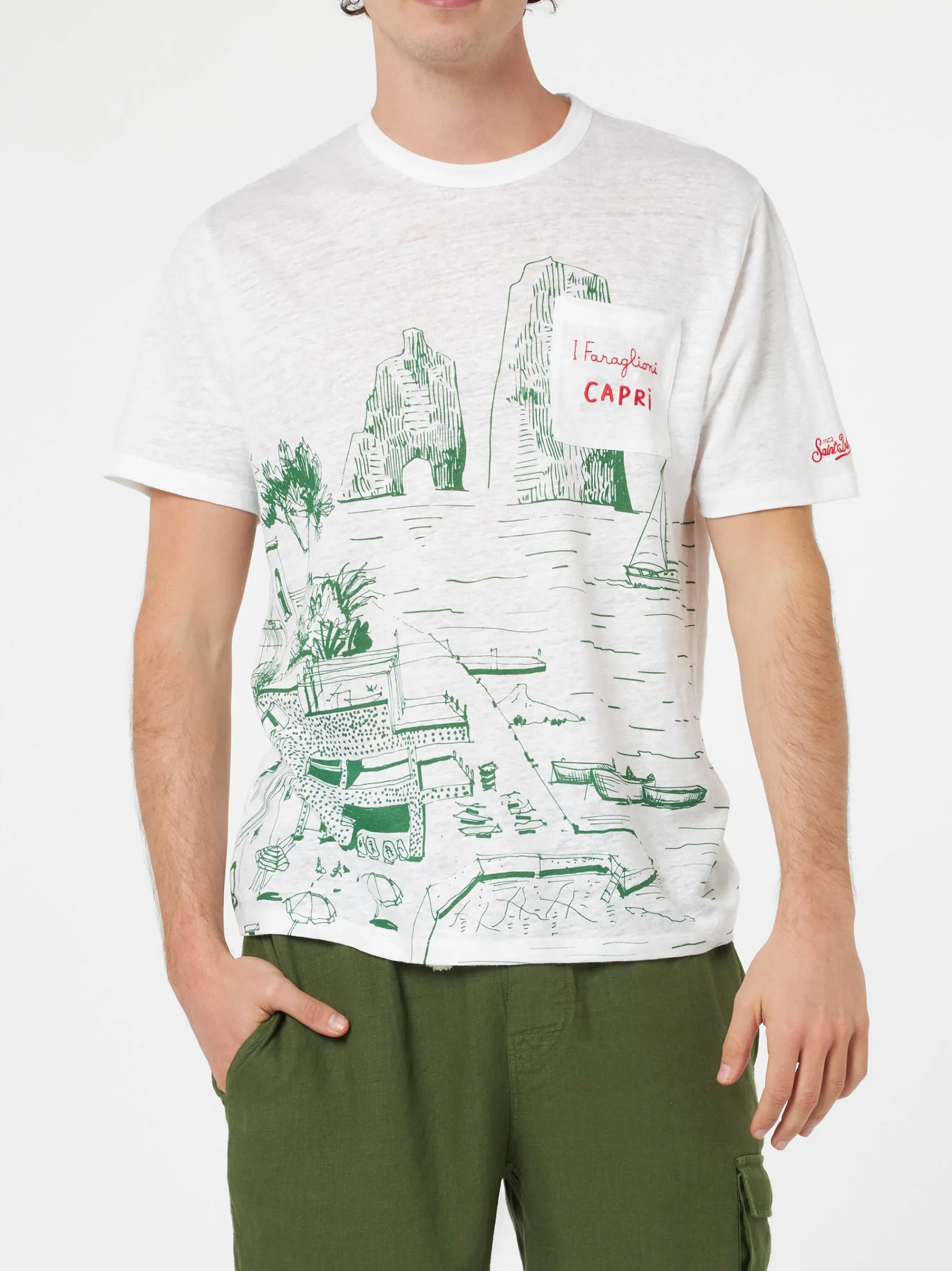 T-shirt da uomo Ecstasea in jersey di lino con stampa Capri piazzata e taschino ricamato