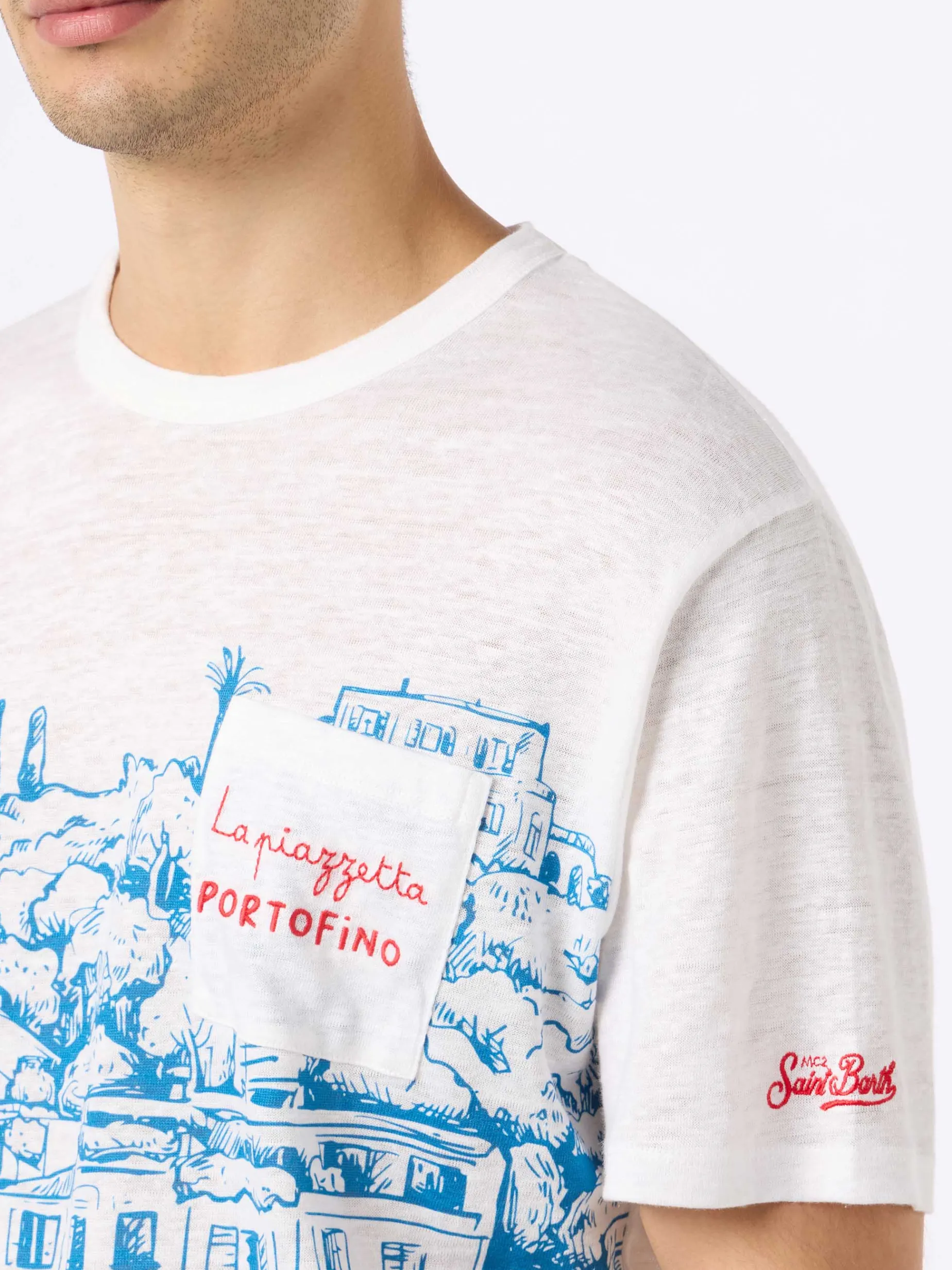 T-shirt da uomo Ecstasea in jersey di lino con stampa piazzata Portofino e taschino ricamato
