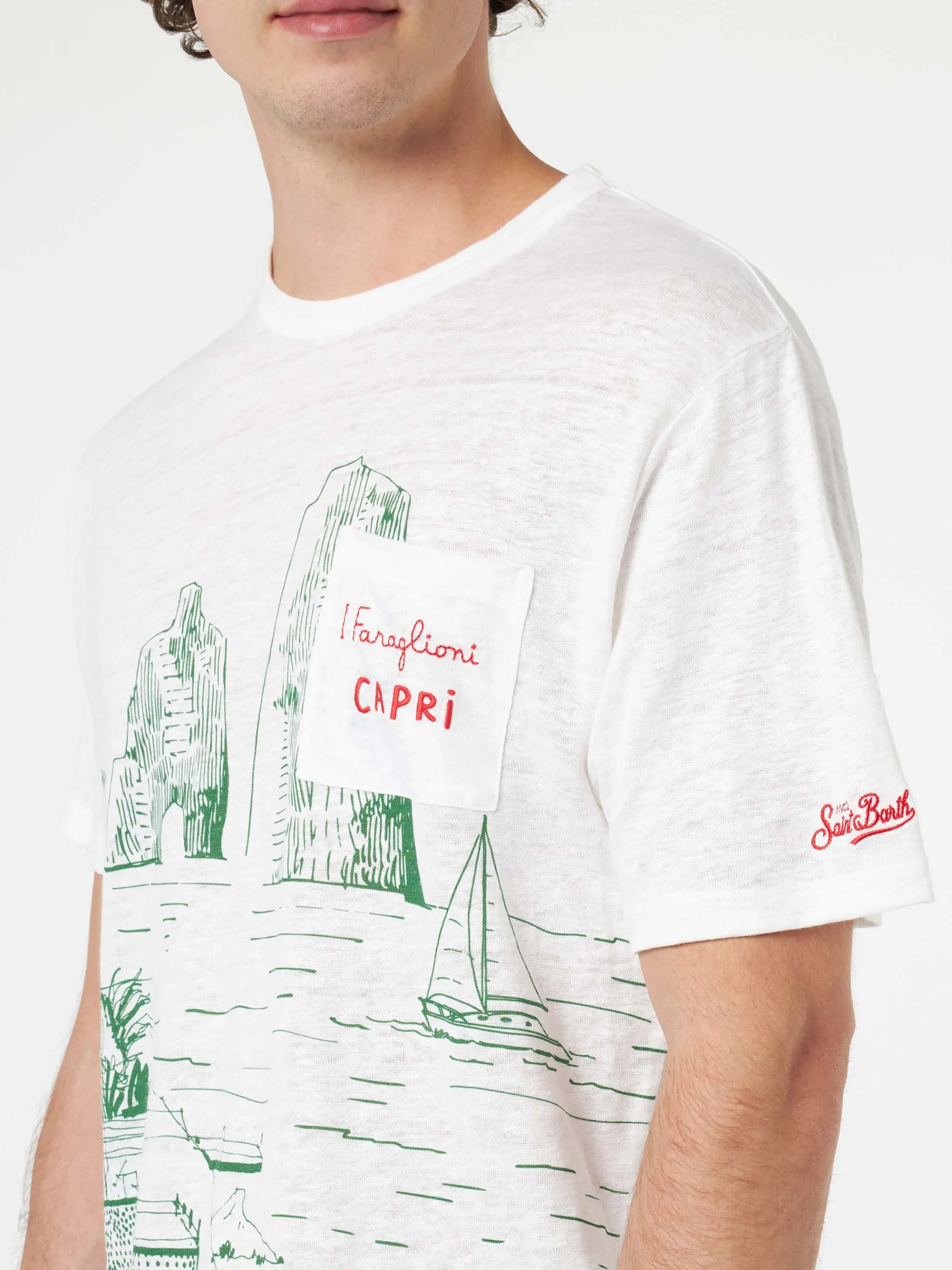 T-shirt da uomo Ecstasea in jersey di lino con stampa Capri piazzata e taschino ricamato