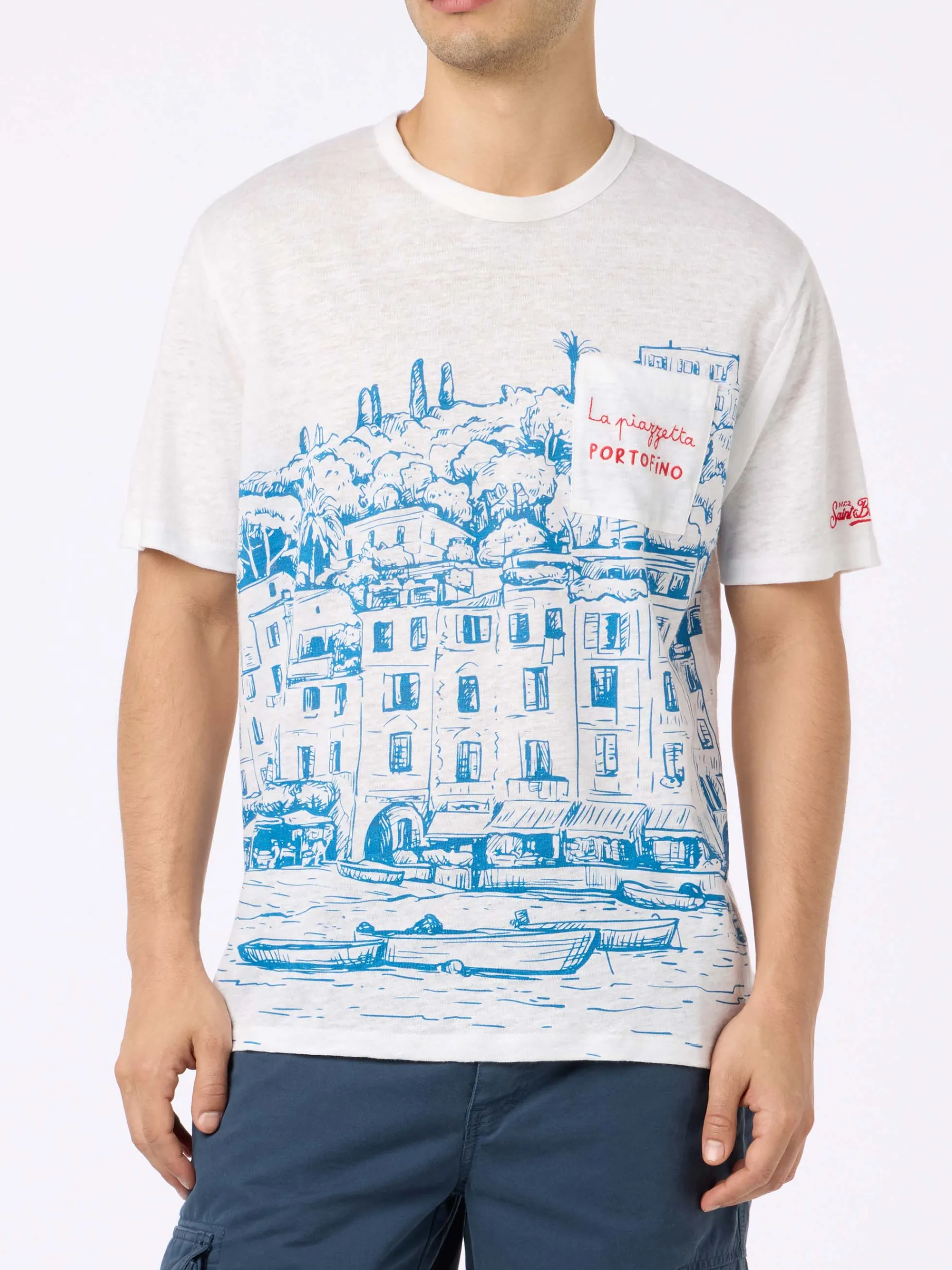 T-shirt da uomo Ecstasea in jersey di lino con stampa piazzata Portofino e taschino ricamato