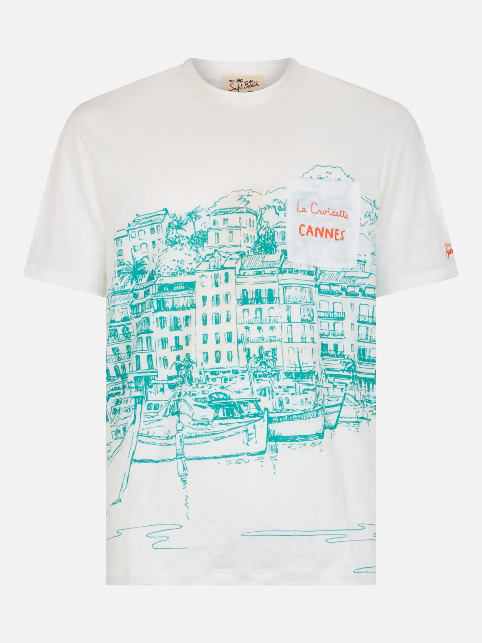 T-shirt da uomo Ecstasea in jersey di lino con stampa piazzata Cannes e taschino ricamato