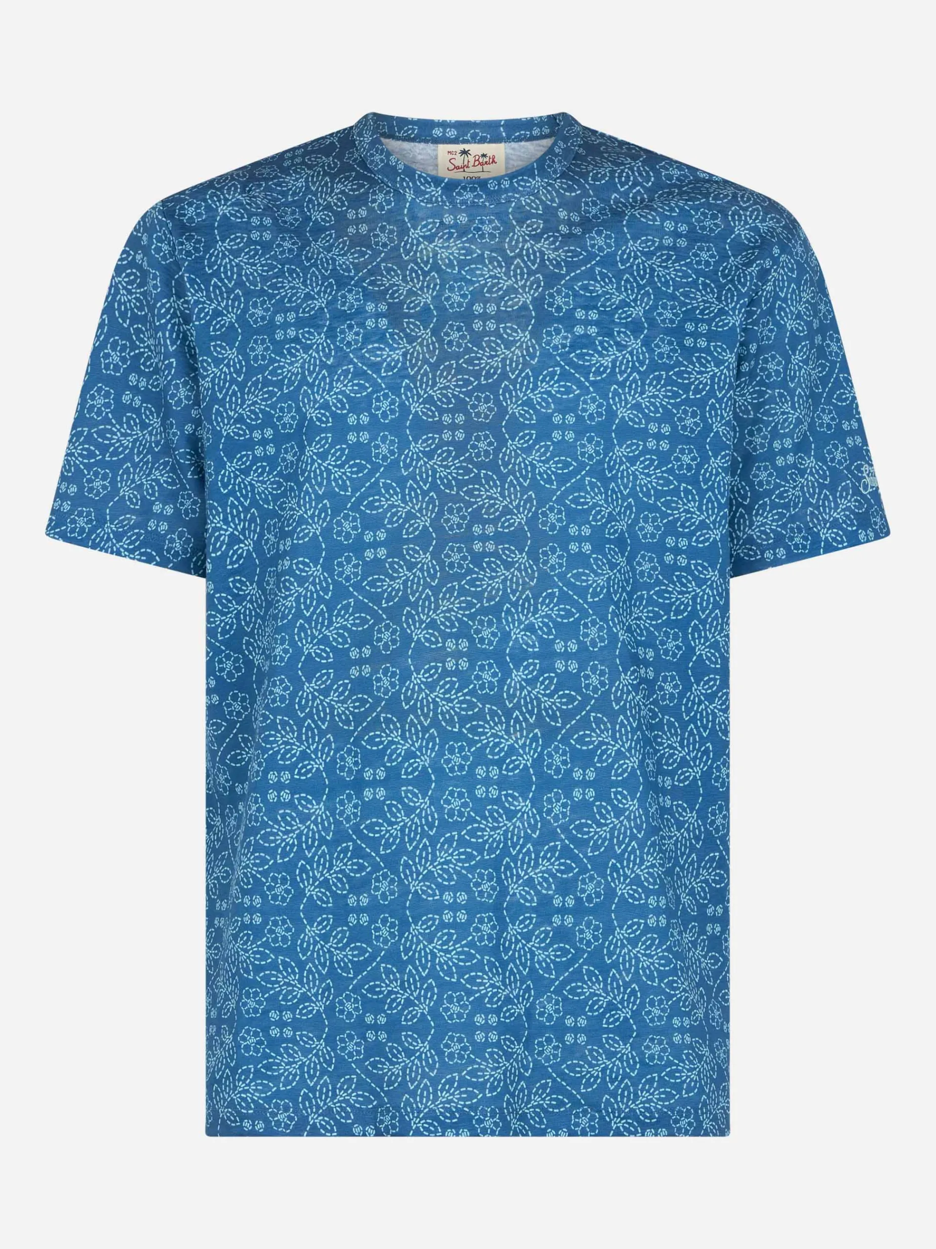T-shirt da uomo Ecstasea in jersey di lino blu con stampa sashiko