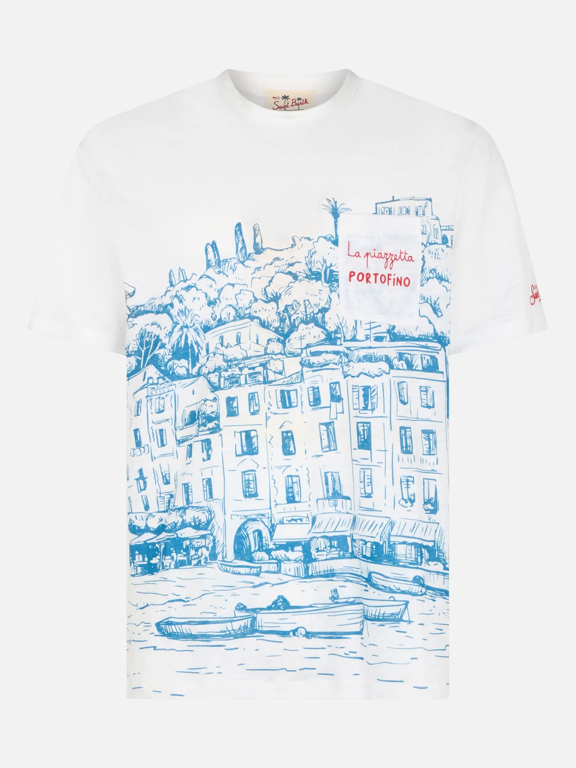 T-shirt da uomo Ecstasea in jersey di lino con stampa piazzata Portofino e taschino ricamato