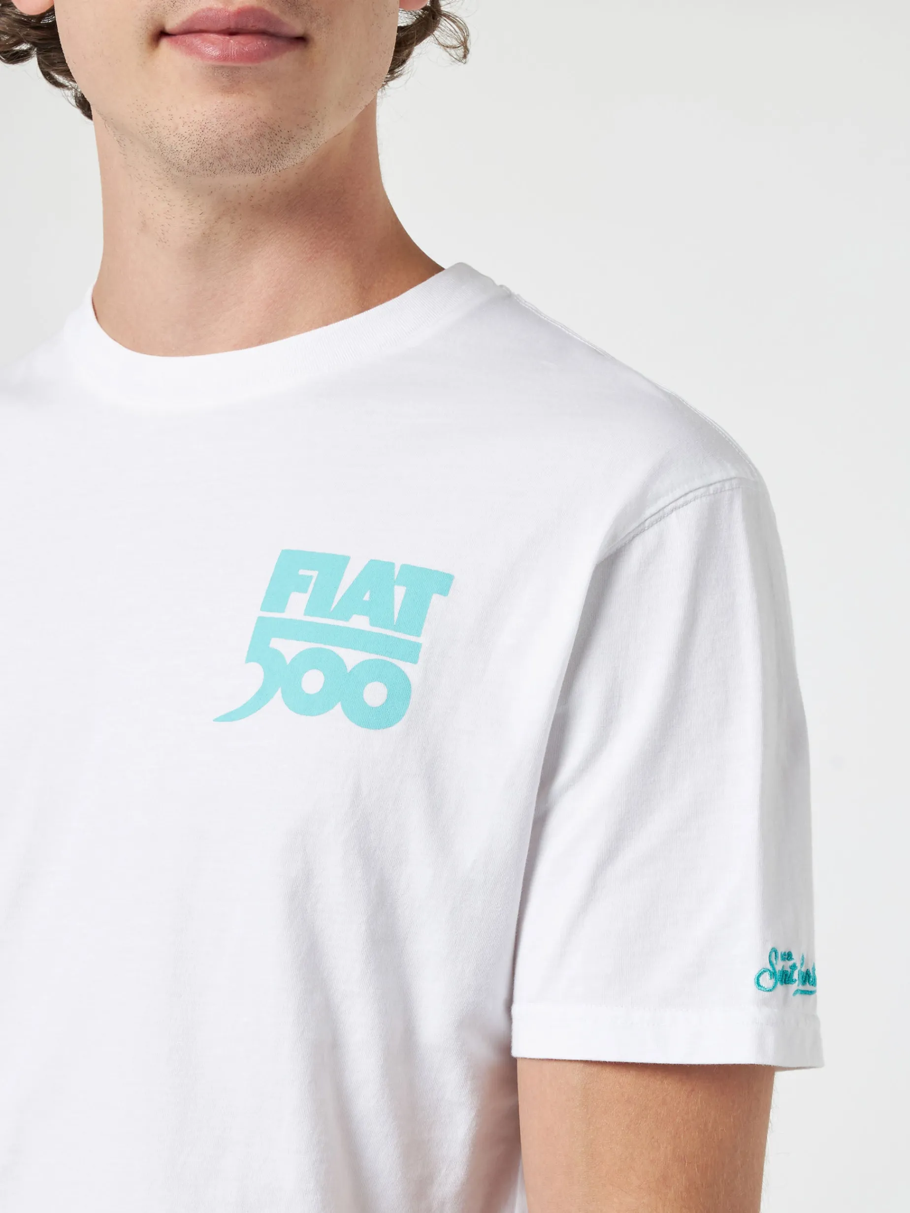 T-shirt da uomo in cotone con stampa piazzata Spiaggina davanti e dietro | FIAT 500 EDIZIONE SPECIALE