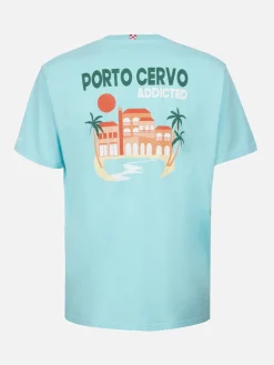 T-shirt da uomo in cotone con stampa piazzata cartolina Porto Cervo Addicted