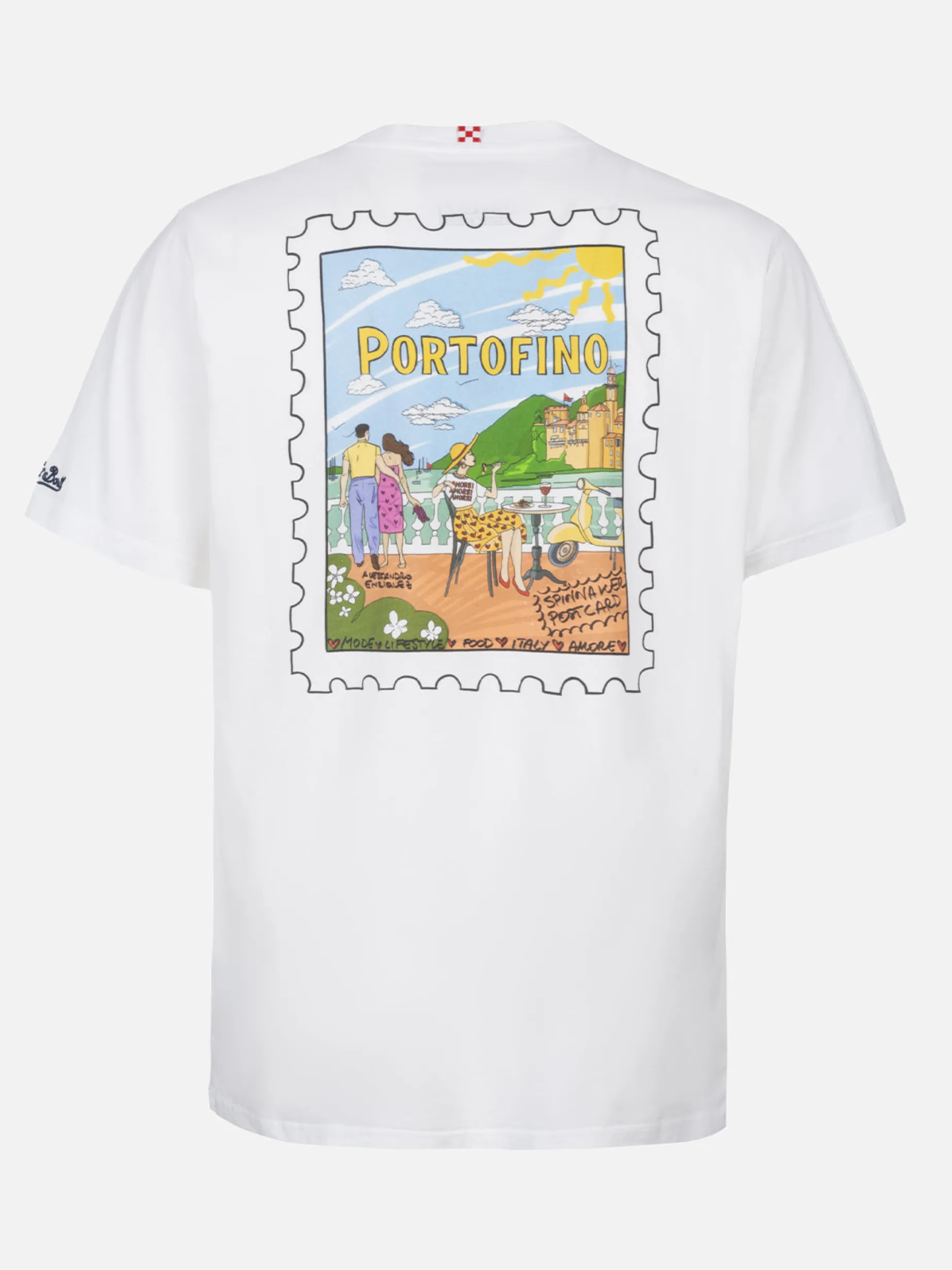 T-shirt da uomo in cotone con stampa cartolina Portofino davanti e dietro | EDIZIONE SPECIALE ALESSANDRO ENRIQUEZ