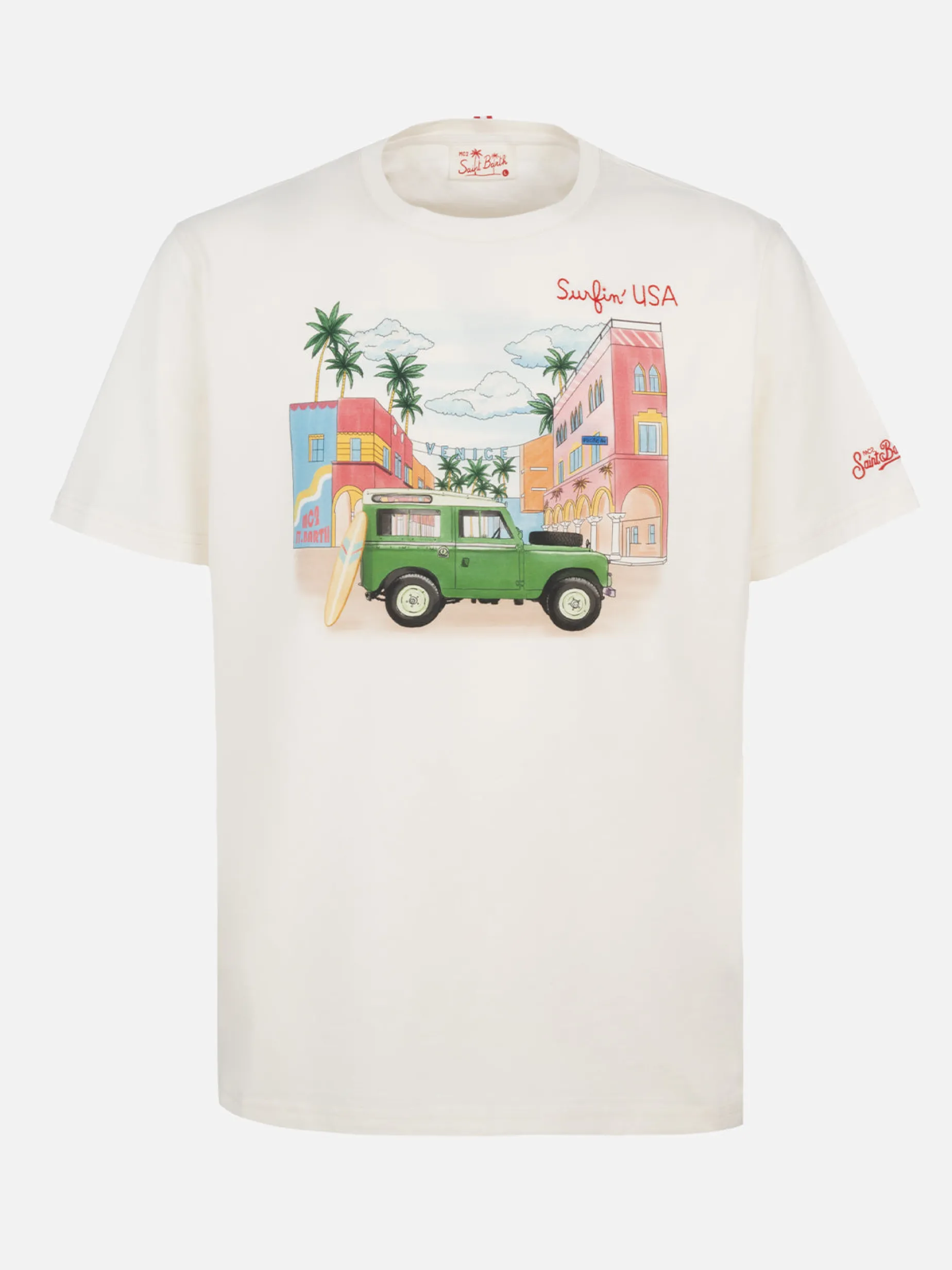 T-shirt da uomo in cotone con stampa piazzata e ricamo Surfin' USA