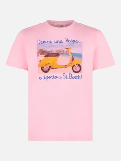 T-shirt da uomo in cotone trattamento vintage con stampa Dammi una Vespa e ti porto a St. Barth | EDIZIONE SPECIALE VESPA®